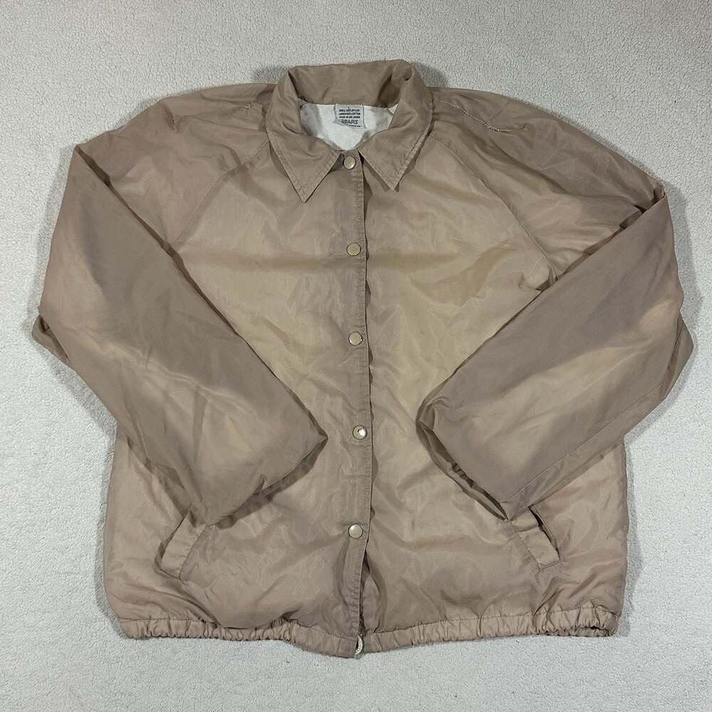 Vintage Sears Large Beige Nylon Coach Jacket Snap Front Cotton Lined 80s 90s